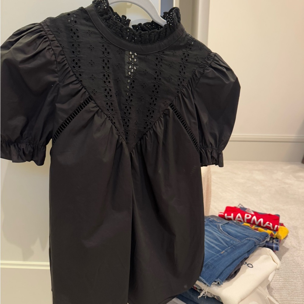 English Factory Black Eyelet Ruffle Top